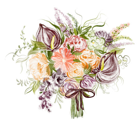 Watercolor illustration of a floral bouquet with blossoms, leaves, and branches. Hand-drawn romantic design for wedding invitations, greeting cards, or posters. Isolated on a white background.の写真素材