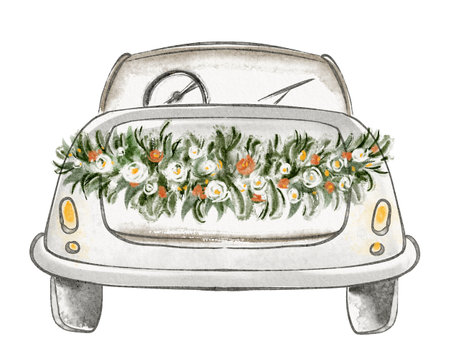 Watercolor illustration of a vintage wedding car with floral decorations. Drawing of a romantic cabriolet for a just married celebration for wedding invitations. Retro design for a joyful event.の写真素材