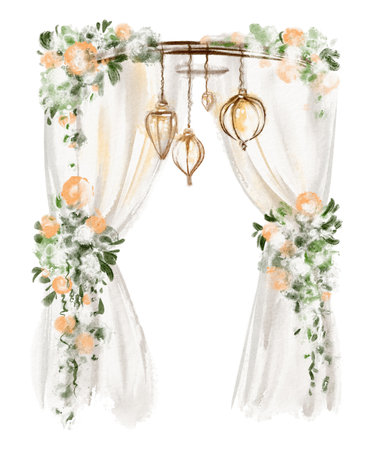 Watercolor illustration of a wedding wooden arch adorned with roses and drapery. Floral drawing for wedding ceremony decor, ideal for invitations or greeting cards. Elegant design for romantic events.の写真素材