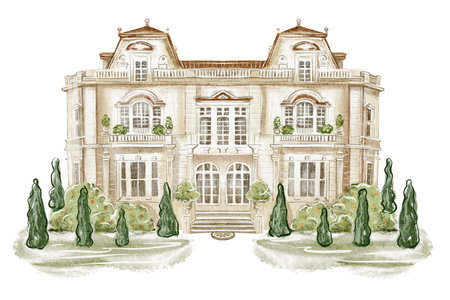 Watercolor illustration of an elegant luxury villa. A detailed sketch of a grand mansion, perfect for real estate marketing, property brochures. Sketch of an estate with opulent architecture.の写真素材