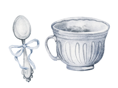 Watercolor illustration of an elegant tea set with a porcelain cup and teaspoon. Drawing of vintage crockery and traditional kitchenware for tea time invitations. For a classic teatime setting.の写真素材