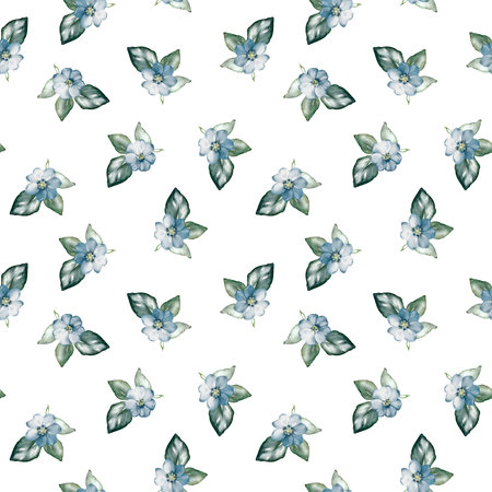 Seamless watercolor floral pattern with small blue flowers, including forget-me-nots, hyacinthus. Illustration featuring meadow blooms and botanical elements for textile prints, or wrapping paper.の写真素材