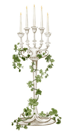 Watercolor illustration of an ornate candelabrum with intertwining bindweed. Drawing of a vintage candle holder for interior design or antique decor. Art of luxurious lighting in gothic style.の写真素材