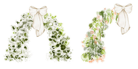 Watercolor illustration of an elegant decorative arch with flowers. Drawing of a romantic floral archway for wedding or celebration invitations. Beautiful design element for saving the date cards.の写真素材
