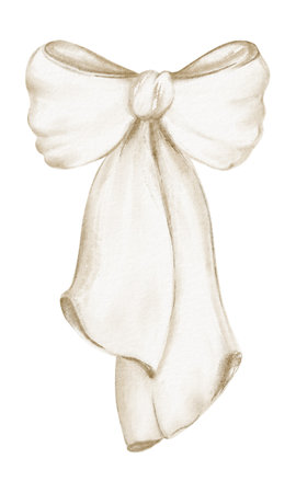 Bow with Ribbon watercolor illustration. Hand-drawn knot in beige for a charming anniversary greeting card. Elegant and decorative accessory artwork perfect for wedding or holiday celebration design.の写真素材