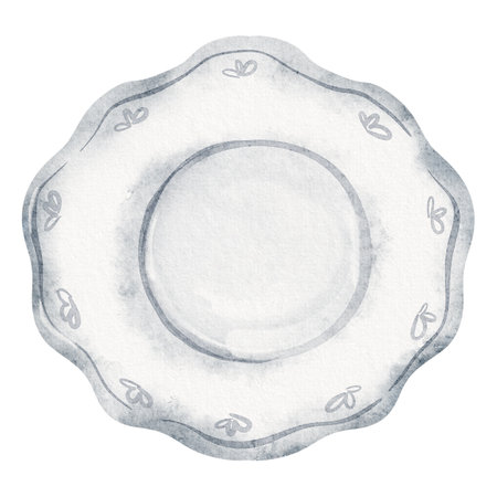 Watercolor Porcelain Plate illustration with elegant classic design. Drawing of decorative ceramic dish for table settings, celebrations, or fine dining events. Art for hospitality presentations.の写真素材
