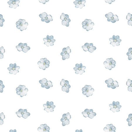 Watercolor seamless muted floral pattern with small blue daisies and wild flowers. Elegant and romantic design for textile, fashion, or wrapping paper. Perfect for spring and summer decor.の写真素材