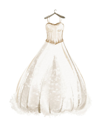 Watercolor illustration of an elegant bridal gown hanging on a hanger. Hand-drawn design of a romantic wedding dress, perfect for invitations and wedding boutiques. Classic fashion symbol of love.の写真素材