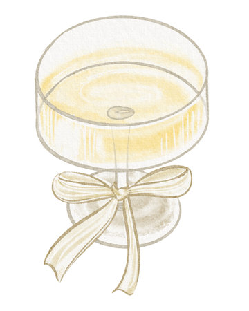 Watercolor illustration of a crystal wineglass filled with champagne. Drawing of a romantic cocktail for a wedding or anniversary celebration. Elegant design for invitations and party decor.の写真素材