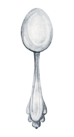 Watercolor illustration of a vintage silver Spoon. Drawing of classic Tableware utensil for kitchen decor or restaurant menu design. Art of shiny cutlery on isolated background.の写真素材