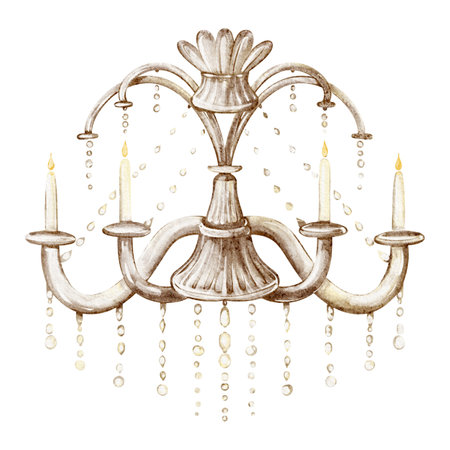 Watercolor illustration of an ornate Victorian chandelier with cut crystal details. Ceiling lamp sketch, radiating opulent illumination. Classic decor piece for interiors and aristocratic style.の写真素材