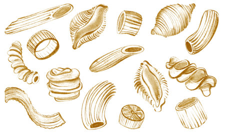 Watercolor set with Italian pasta spaghetti, ravioli, and rigatoni. Hand drawn illustrations of Mediterranean ingredients. Perfect for culinary designs and packaging.の写真素材