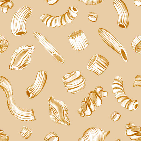Watercolor seamless pattern with pasta types like spaghetti and ravioli. Italian food background for wrapping paper or kitchen textile design. Hand drawn illustration for culinary decor.の写真素材