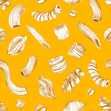 Watercolor seamless pattern with pasta types like spaghetti and ravioli. Italian food background for wrapping paper or kitchen textile design. Hand drawn illustration for culinary decor.の写真素材