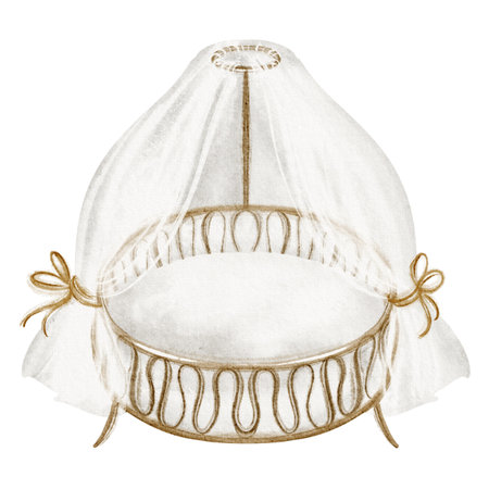Watercolor illustration of a wooden bassinet with soft cotton bedding and baldaquin. Drawing of a stylish crib for a modern nursery. Cute hand drawn design for baby room decor or invitations.の写真素材