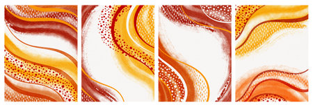 Set of watercolor geometric retro wall art posters. Wavy shapes, orange and yellow tones, vintage groovy texture. Illustration design for wallpaper, cover, interior, decorative prints.の写真素材