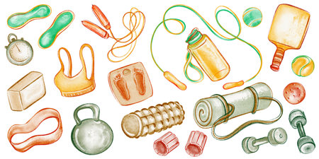 Watercolor clipart with fitness equipment, dumbbells and kettlebells in bright colors. Illustration of jump rope, ball and stopwatch for active lifestyle designs. Cartoon workout icons and symbols.の写真素材