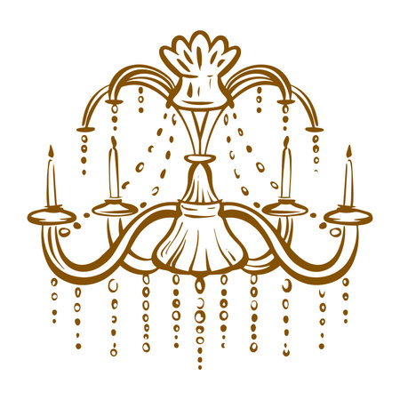 Hand drawn vector of a classic crystal chandelier. Contour drawing in ornate baroque and rococo style. Isolated ceiling lamp design for interior, decor, and antique lighting concepts.のイラスト素材