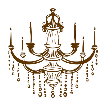Hand drawn vector of a classic crystal chandelier. Contour drawing in ornate baroque and rococo style. Isolated ceiling lamp design for interior, decor, and antique lighting concepts.のイラスト素材