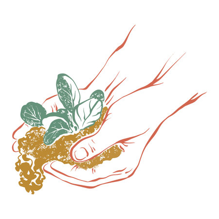 Hands holding soil with a sprouting seedling. Symbol of planting growth and environmental care. Minimalist hand drawn vector illustration of human hands holding soil with a sprout growing from it.のイラスト素材