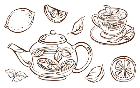 A collection of hand-drawn tea-related graphics, featuring teacups, mugs, teapots, citrus, and herbal drinks. Includes elements for menus, labels, and restaurant designs. Perfect for beverage themes.のイラスト素材