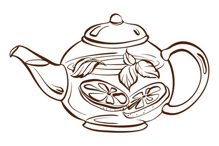Linear sketch of a single teapot. Transparent contour drawing in doodle style. Suitable for tea labels, cafe menu design, and herbal drink themes. Elements of traditional and organic tea culture.のイラスト素材