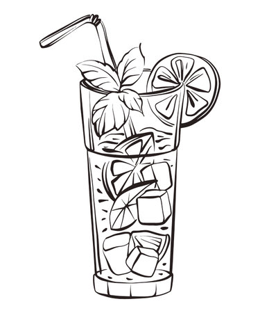 Cold summer beverage in a transparent glass with ice cubes lemon and lime slices and a straw. Citrus fruits and juice splash. Hand drawn vector illustration doodle style, isolated on white background.のイラスト素材