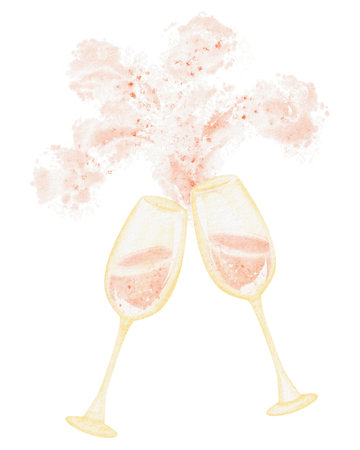 Hand drawn watercolor of two clinking champagne glasses. Transparent background. Ideal for celebration, wedding, party, New Year, and greeting card designs.の写真素材