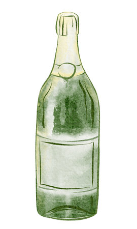 Hand drawn watercolor of a closed champagne bottle with label. Isolated clipart with bubbles and sparkling details. Ideal for celebration, party, and holiday design projects.の写真素材