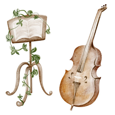 Hand-drawn acoustic double bass with bow, sheet music, and tripod stand. Isolated on white background. Clip art style for music design, print, or brochure.の写真素材