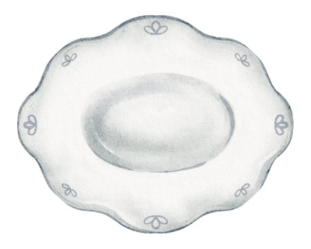 Watercolor Porcelain Plate illustration with elegant classic design. Drawing of decorative ceramic dish for table settings, celebrations, or fine dining events. Art for hospitality presentations.の写真素材