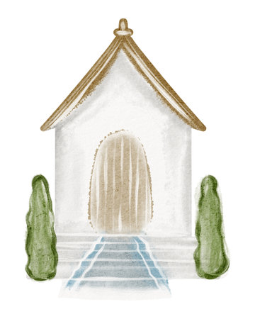 Hand painted watercolor of a small countryside chapel. Features architectural details like steeple and cross. Suitable for religious, faith, and ceremony themes.の写真素材