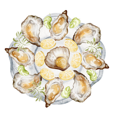 Watercolor illustration of a seafood plate featuring oysters and lemon slices. Top view shows fresh shellfish arranged on a plate. Suitable for restaurant, seafood themes. For menu or catering design.の写真素材