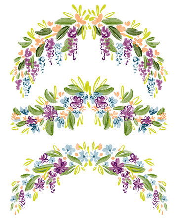 Hand painted botanical elements including flower arch, bouquet, and branches. Suitable for invitations, cards, and templates. Features garden plants like ivy and bougainvillea in a minimal style.の写真素材