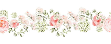 Watercolor seamless border with pink roses, peonies, dwarf roses and eucalyptus. Hand painted floral design for wedding, print, and decoration. Botanical pattern for summer, garden and texture.の写真素材