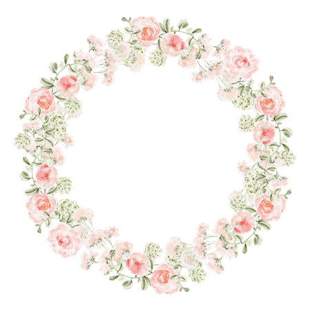 Watercolor floral wreath with pink peonies, garden roses and leaves. Circle frame for greeting card, wedding invitation or decorative design. Isolated botanical illustration on white.の写真素材