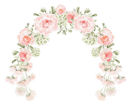 Watercolor floral arch with pink roses, peonies, and miniature roses. Botanical frame in soft pink and green tones. Perfect for invitation, greeting card, wedding, and design projects.の写真素材