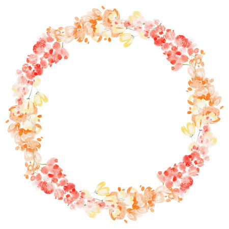 Watercolor flower wreath with lupine and wildflowers forming a circular frame. Botanical illustration featuring leaves, blossoms, and natural plants for invitations, cards, and decoration.の写真素材