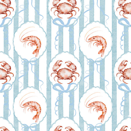 Watercolor illustration of a seamless pattern featuring crabs, crawfish, and shrimp with bow. For fabric designs, coastal themes, and marine decor. Ideal for seafood, ocean, and beach projects.の写真素材
