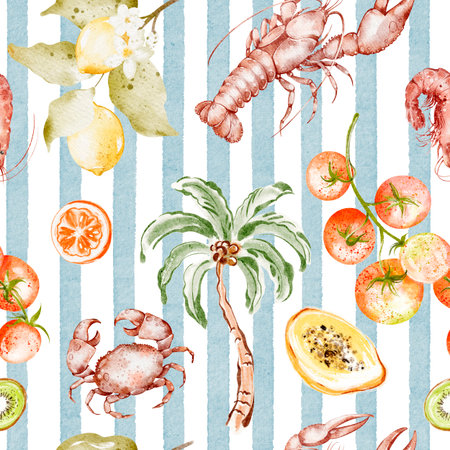 Seamless watercolor pattern with seafood, lemon, papaya, cherry tomatoes, palm and coastal food on a striped background. Mediterranean summer cuisine. Hand drawn exotic illustration.の写真素材