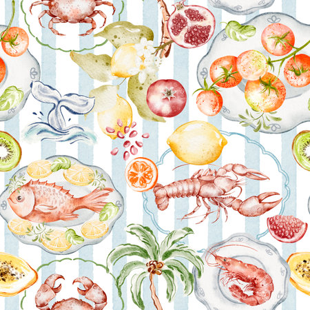 Watercolor seamless pattern with seafood, citrus, fruits, and vegetables. Mediterranean coastal cuisine with crab, lobster, lemon, papaya, and cherry tomatoes. Hand drawn summer food illustration.の写真素材