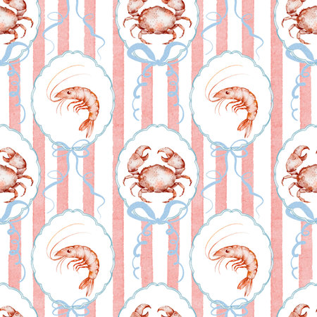 Watercolor illustration of a seamless pattern featuring crabs, crawfish, and shrimp with bow. For fabric designs, coastal themes, and marine decor. Ideal for seafood, ocean, and beach projects.の写真素材