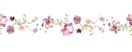 Horizontal seamless floral border with pink and lilac peonies. Watercolor flower arrangement for printing, banner, wallpaper, stationery, template, invitation, and greeting card.の写真素材