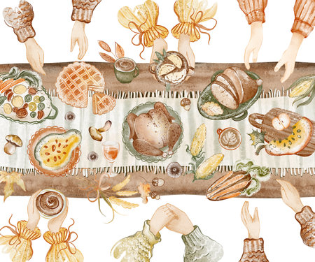 Watercolor illustration of a Thanksgiving holiday dinner table. Table is filled with turkey, pie, vegetables, and other dishes. Hands of people reaching for food. Autumn background.の写真素材