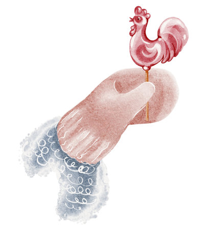 Hand in a mitten holds a lollipop. Winter watercolor illustration with sweets, holiday, Christmas, and folk festival elements.の写真素材