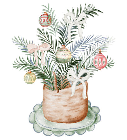Watercolor illustration of a wicker basket with pine and fir branches, decorated with Christmas ornaments. Ideal for holiday cards, posters, and invitations.の写真素材
