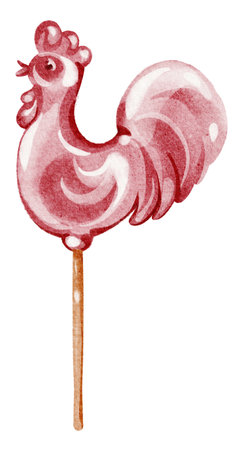 Red rooster lollipop on stick, watercolor illustration. Candy, sweets, bird, dessert, holiday, birthday card, cartoon, folk art. Drawing of rooster lollipop on stick. Isolated sweet treat.の写真素材