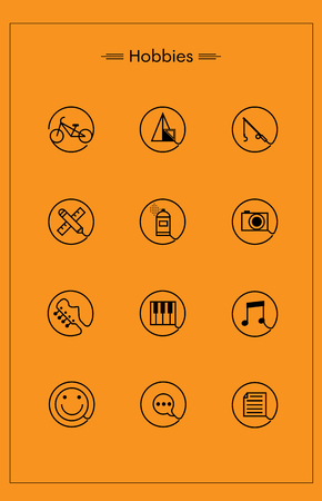 Hobby icons, set of line  icon, music, drawing, desing, fishing, camp, cyclingのイラスト素材