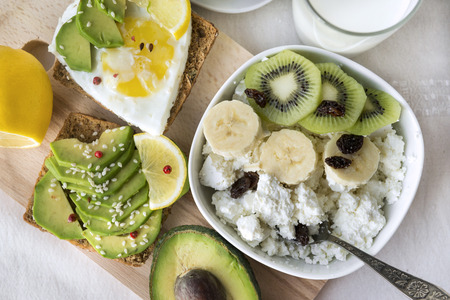 sandwich with avocado and egg, cottage cheese with banana and kiwi, Breakfast