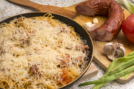 pasta with salami and cheeseの写真素材